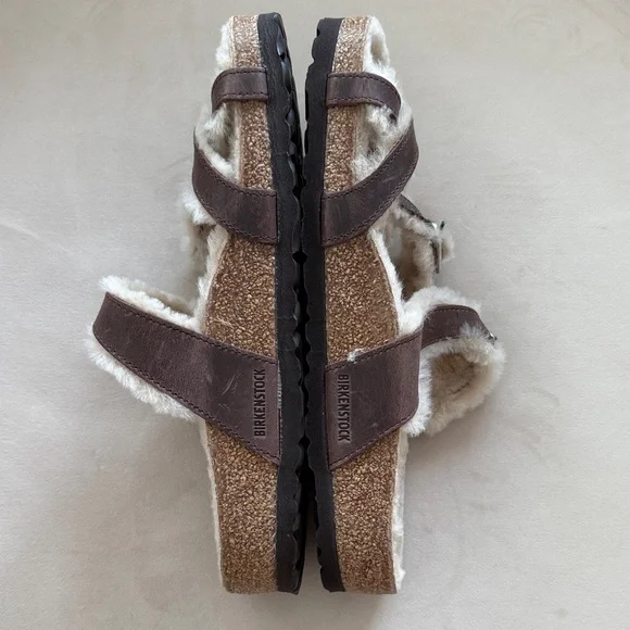 Birkenstock women’s Sandals Mayari Brown oiled leather shearling wool Fur 39 NEW - Picture 5 of 5